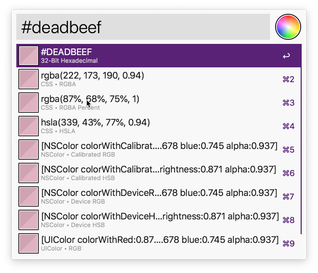 Alfred color workflow showing a color code in various alternative formats